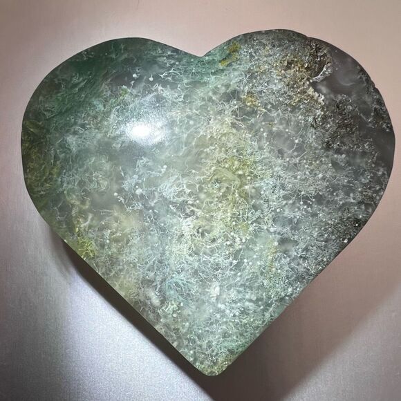 Moss Agate Crystal Heart (#9) - Picture 5 of 10
